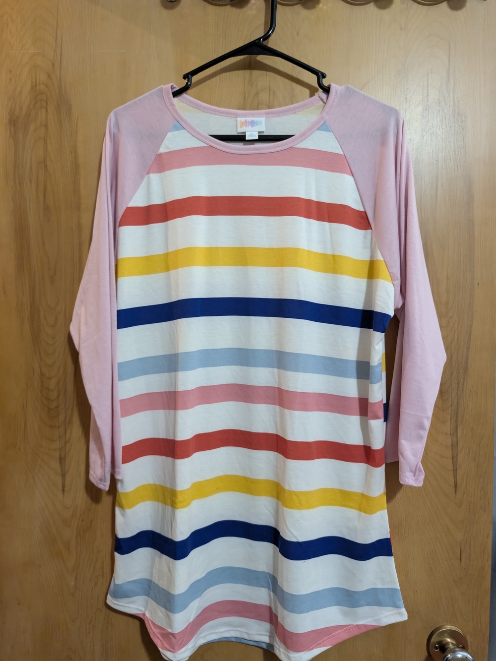 LuLaRoe Pink Raglan Long Sleeve Tee with Multicolor Stripes